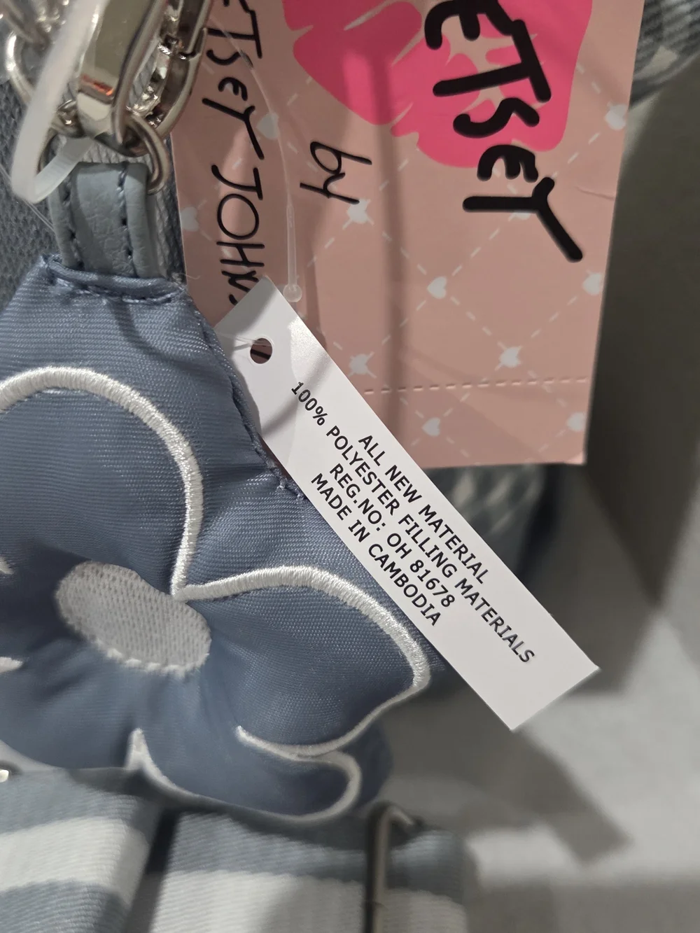 Betsey Johnson Light Blue Gingham Tote with Flower Charm
